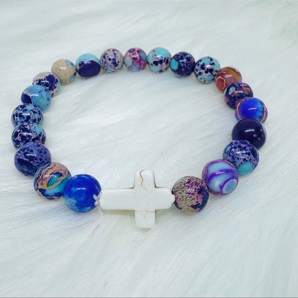 Wholesale Cross 8mm beaded Natural Stone Bracelets - Picture 7 of 7